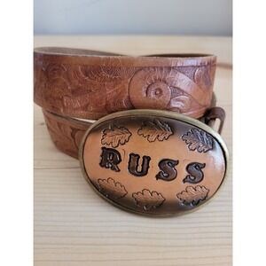 Vintage Kids Western Floral Embossed Top Grain Leather Belt Russ Name Buckle 26